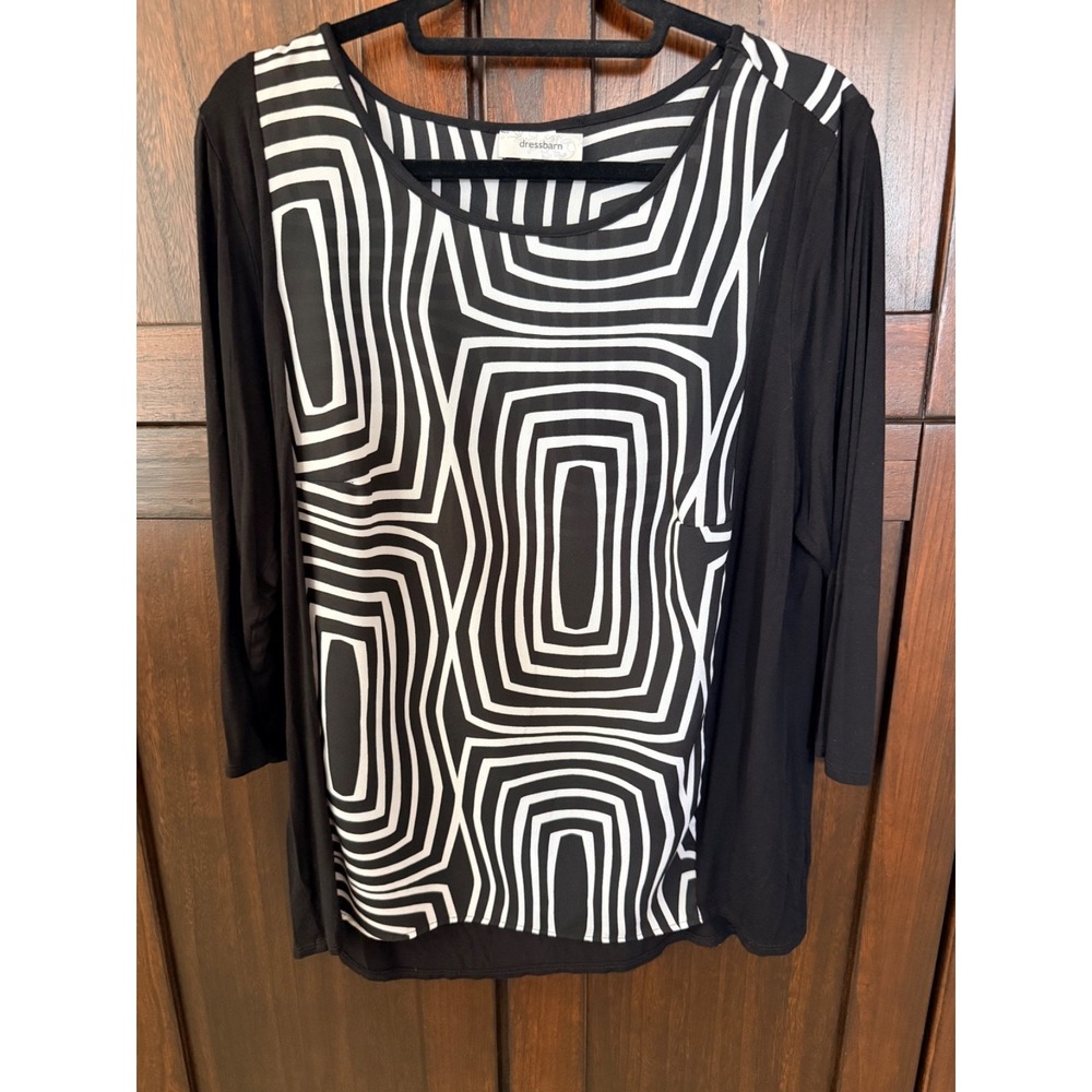 Dressbarn Black White 3/4 Sleeve Blouse Women's 1X Geometric stretch